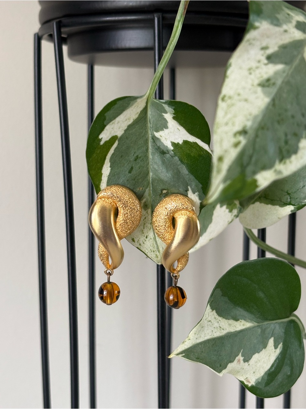 Gold Twist Drop Clip On Earrings with Amber Bead